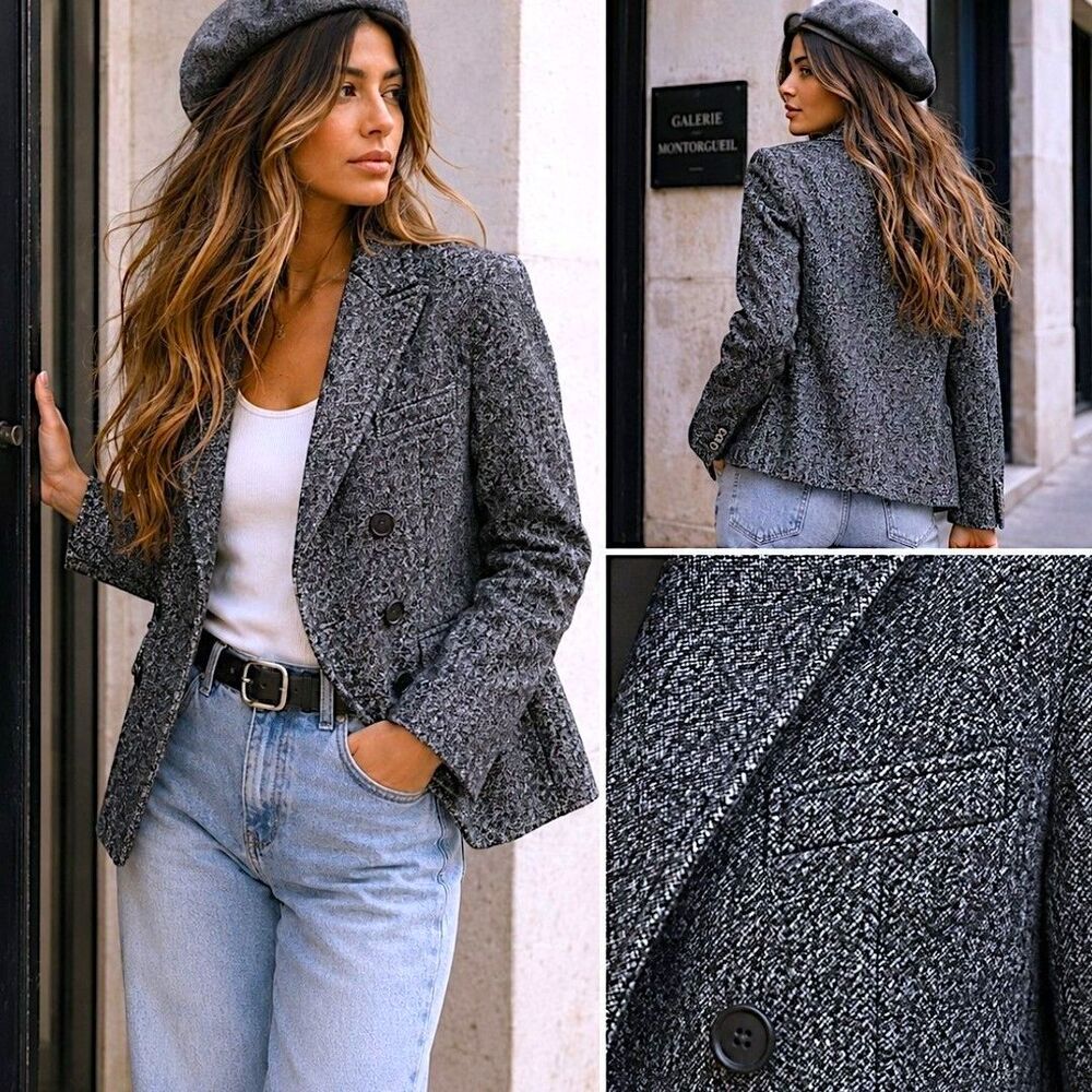 J Crew 8 Wool Blend Quiet Luxury Marled Blazer Double Breasted Gray Minimalist
